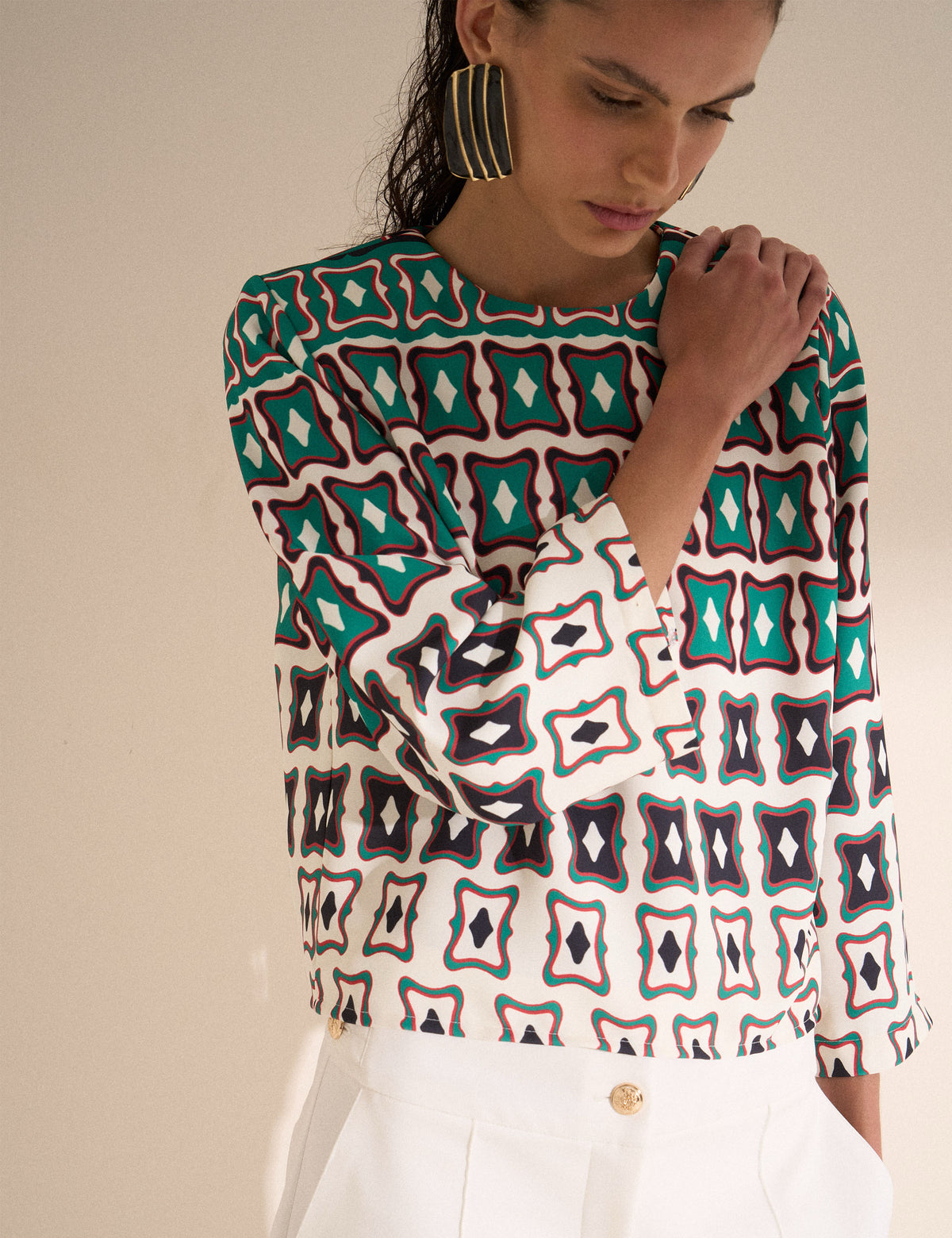 Blusa Pluma Crepe Off White/Pessego