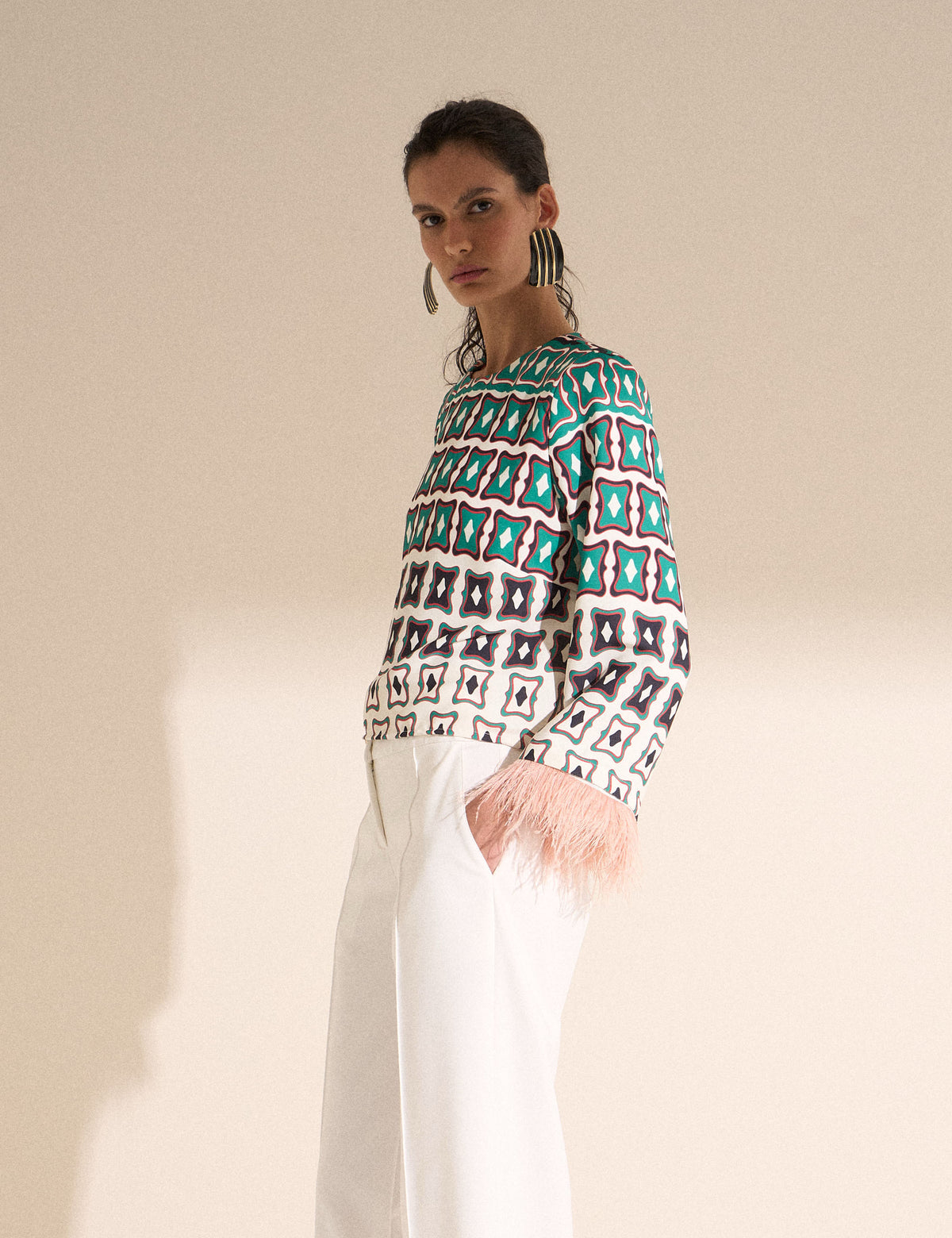 Blusa Pluma Crepe Off White/Pessego