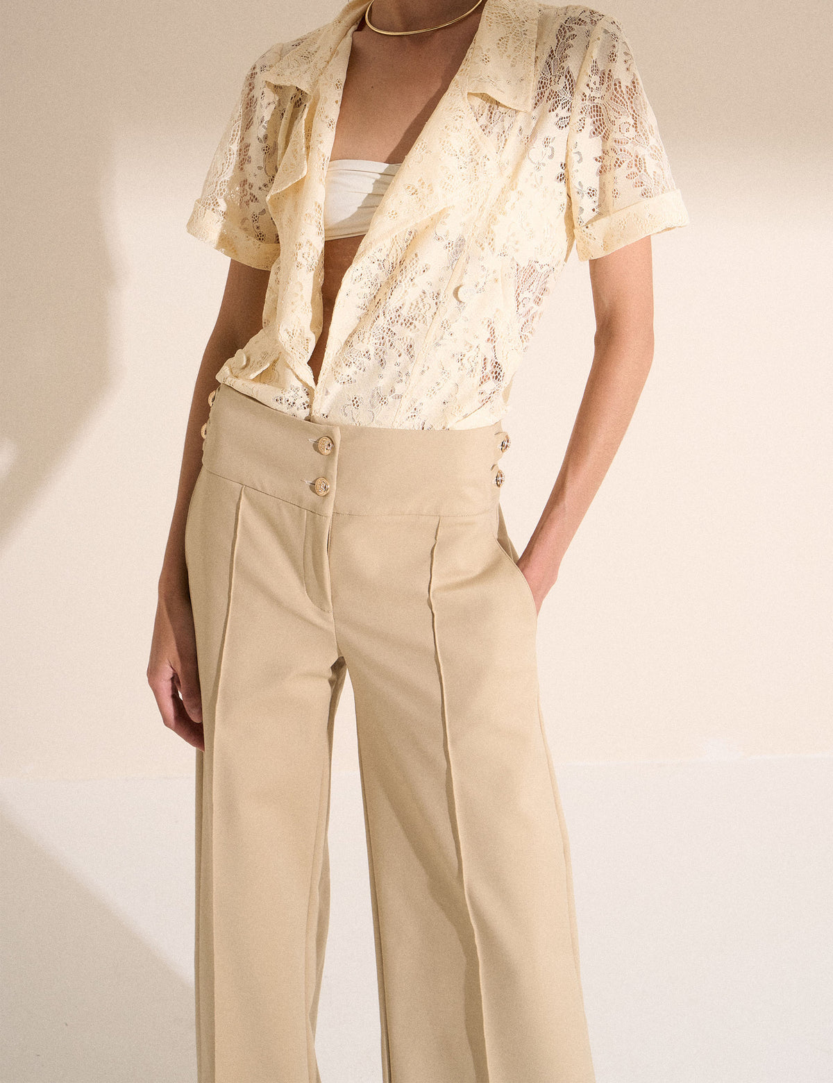 Calça Wide Leg Alfaiataria Areia