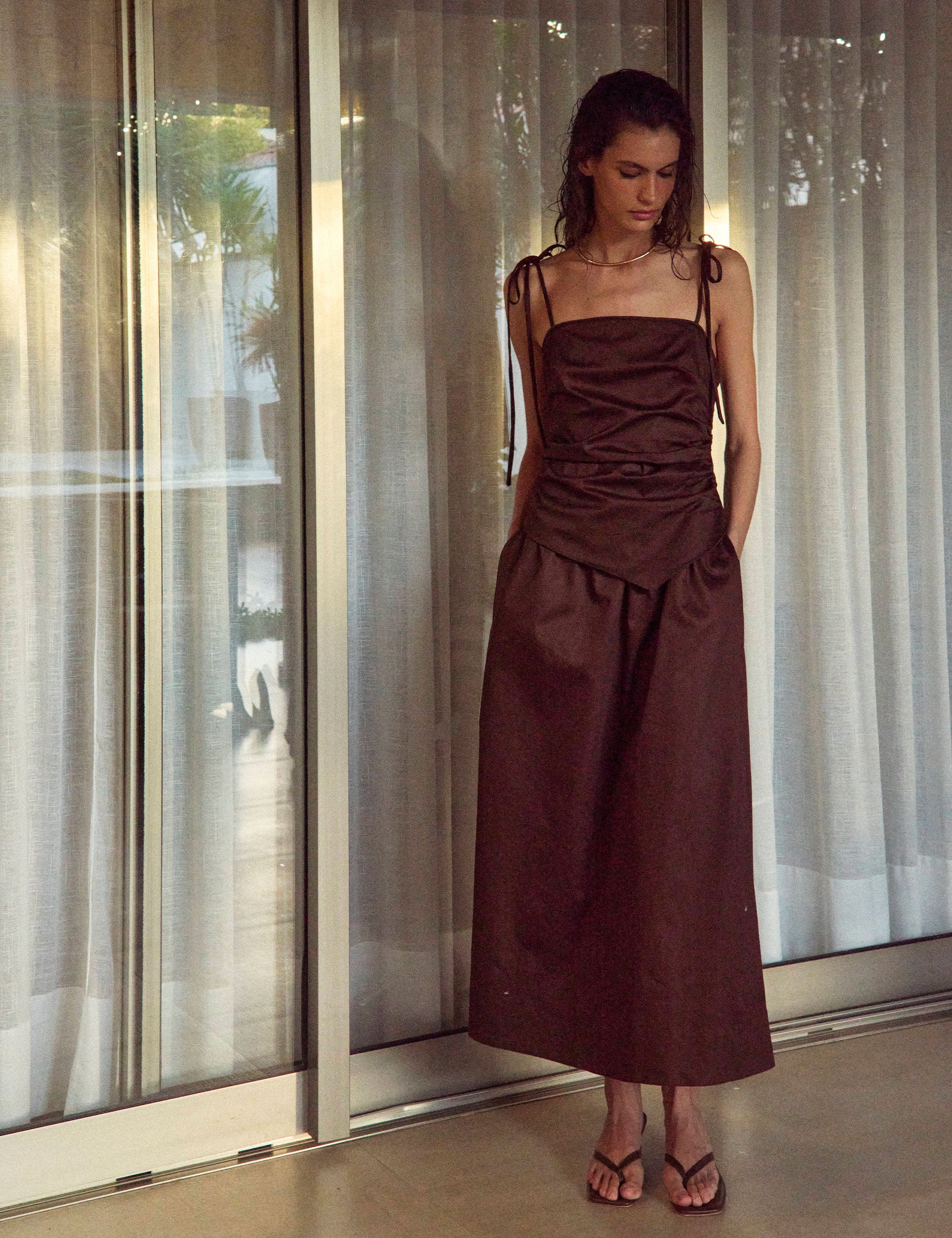 Vestido Marie Tricoline Marrom/Marrom