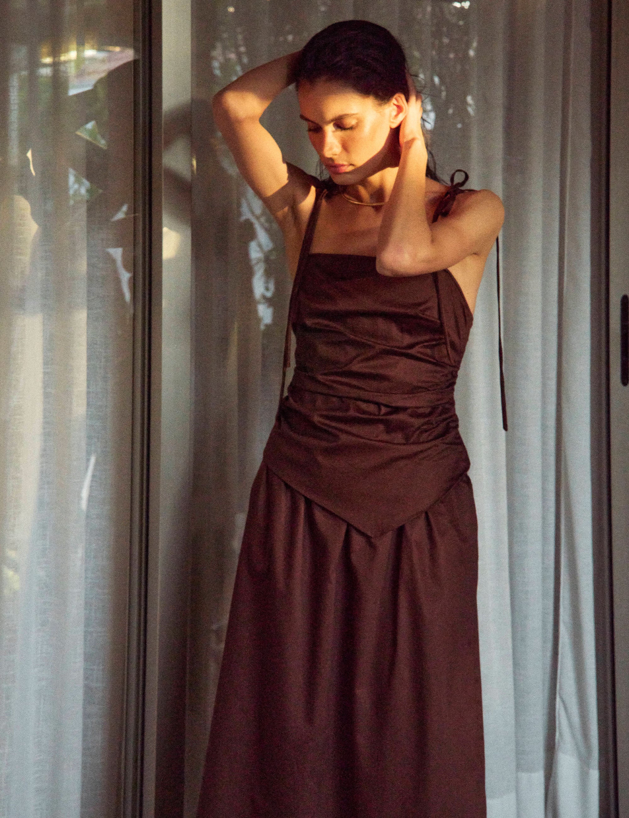 Vestido Marie Tricoline Marrom/Marrom