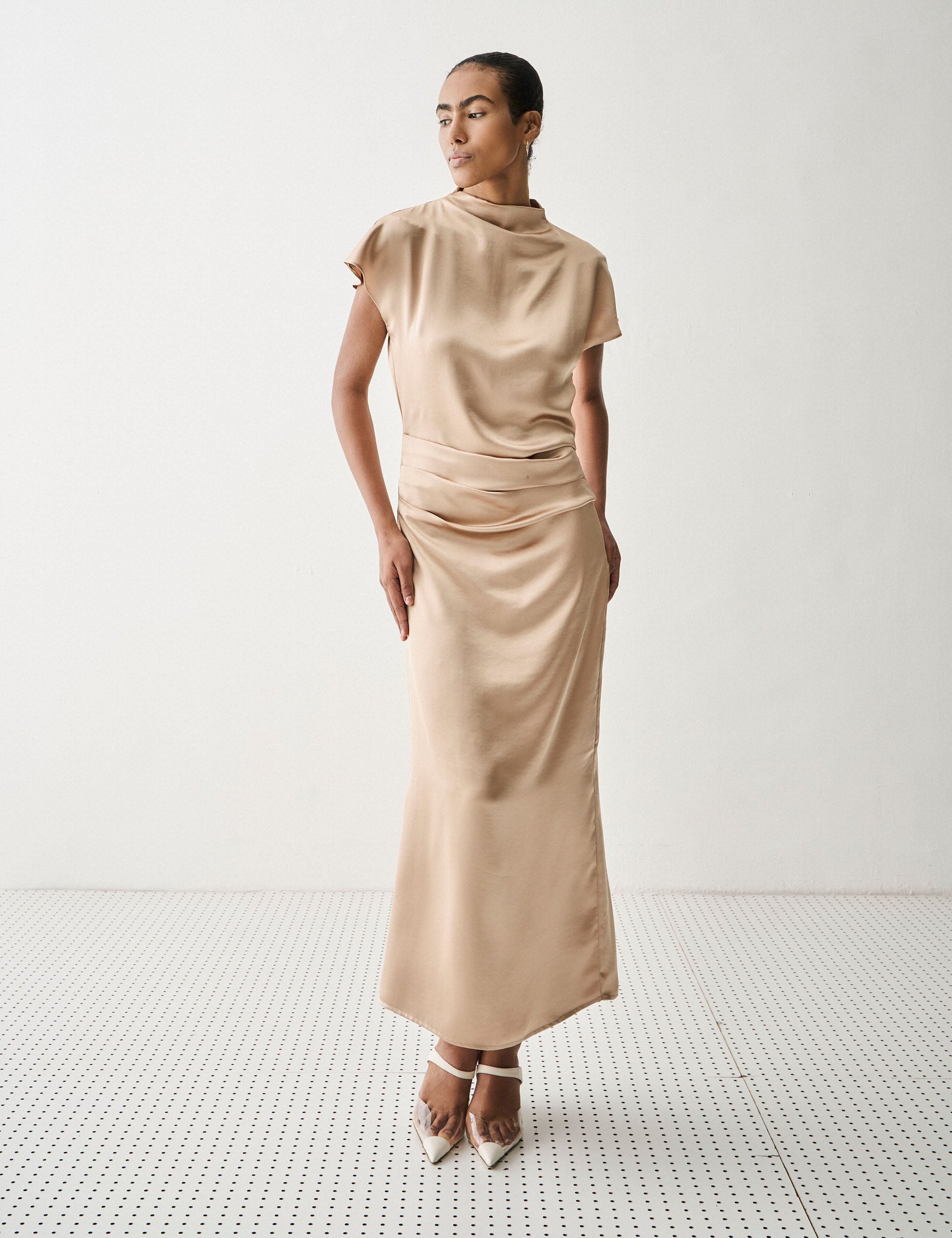 Vestido Siena Cetim Bege