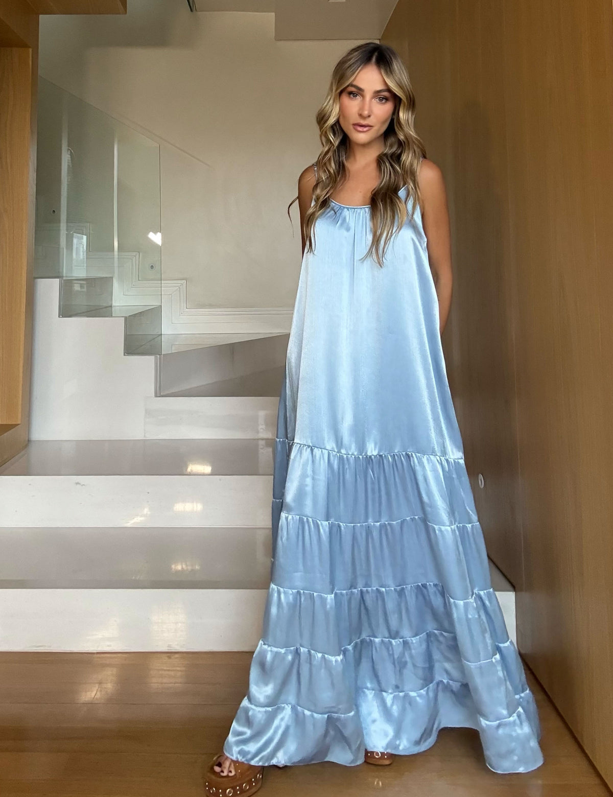 Vestido Fluido Cetim Crinkle Azul