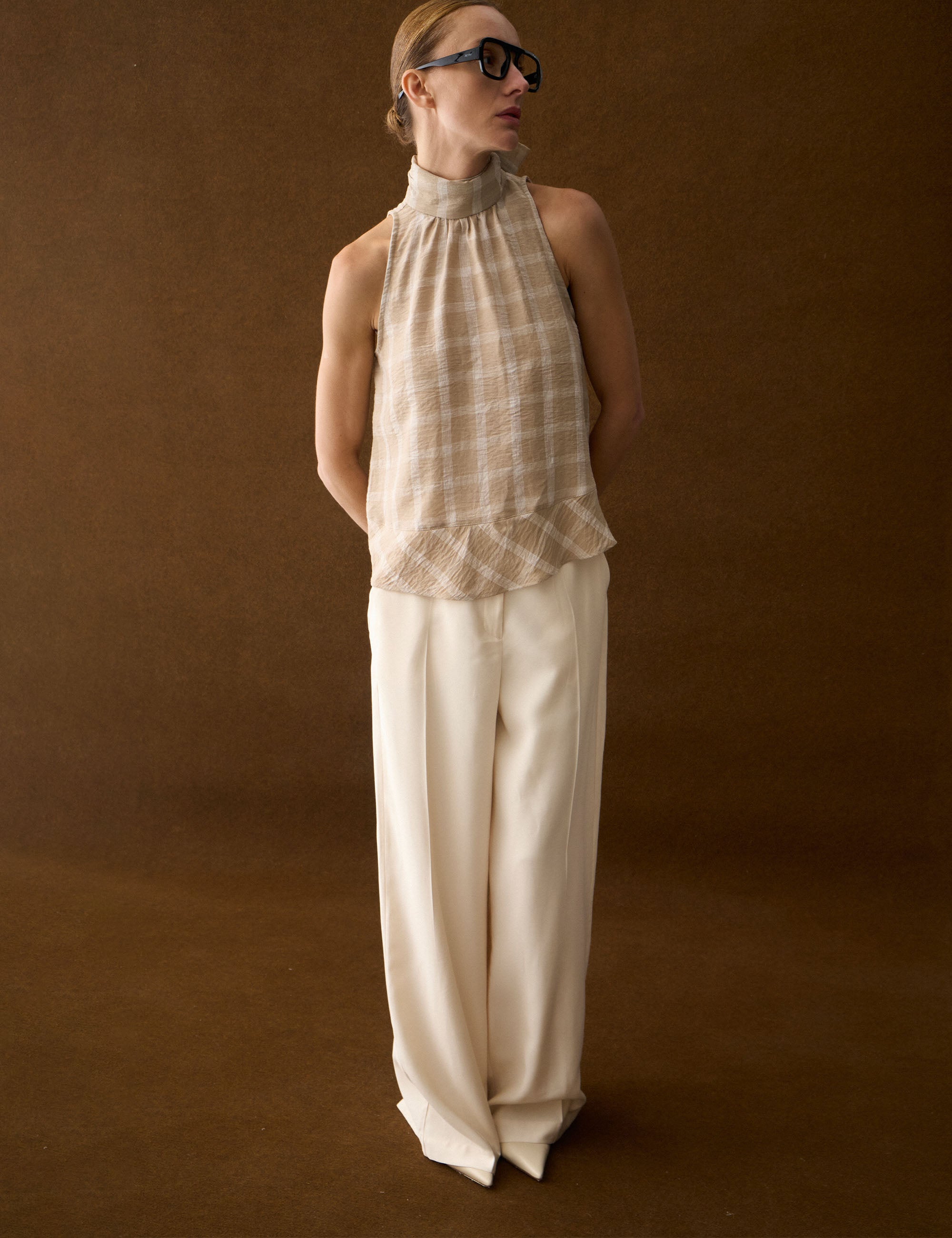 u.m様 Blusa Alexandra Xadrez Bege | Nanaminze