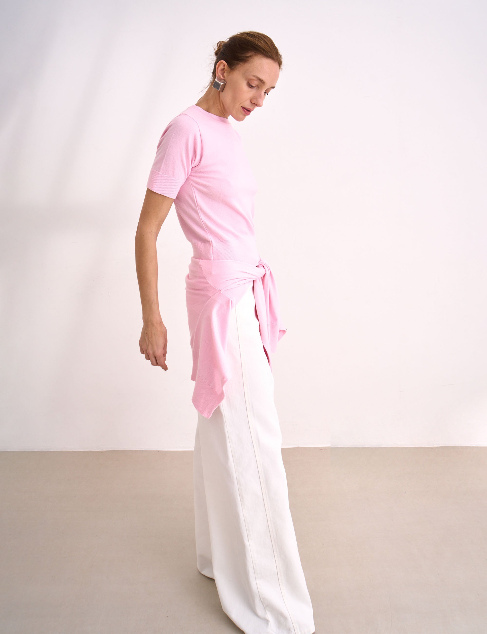 Blusa Manga Curta Tricot Rosa Pó