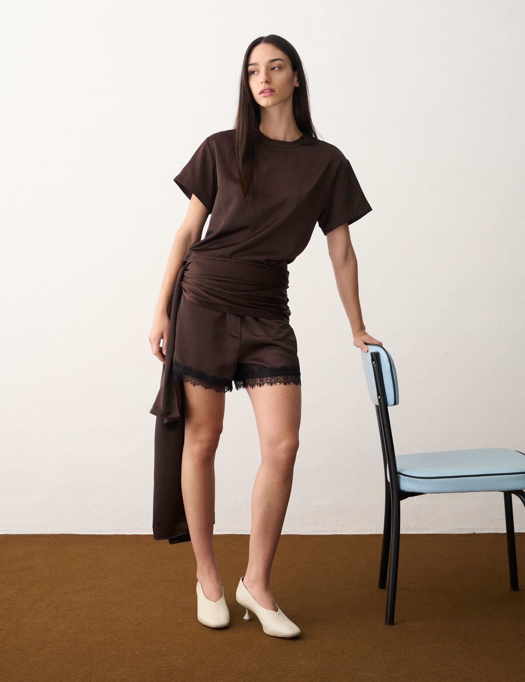 Shorts Lingerie Acetinado Marrom