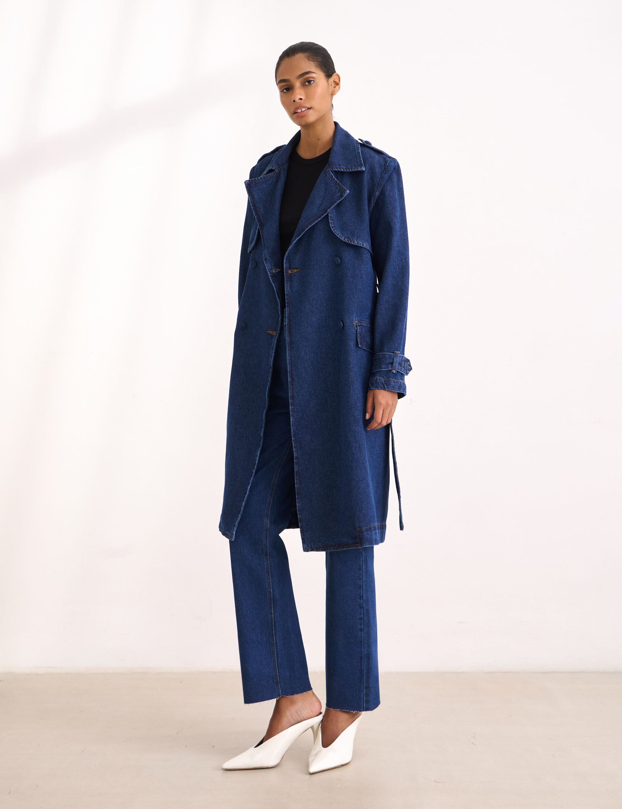 Trench Coat Midi Denim Médio