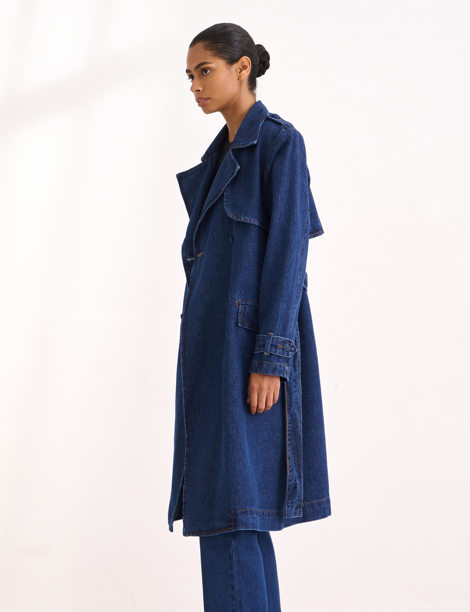 Trench Coat Midi Denim Médio