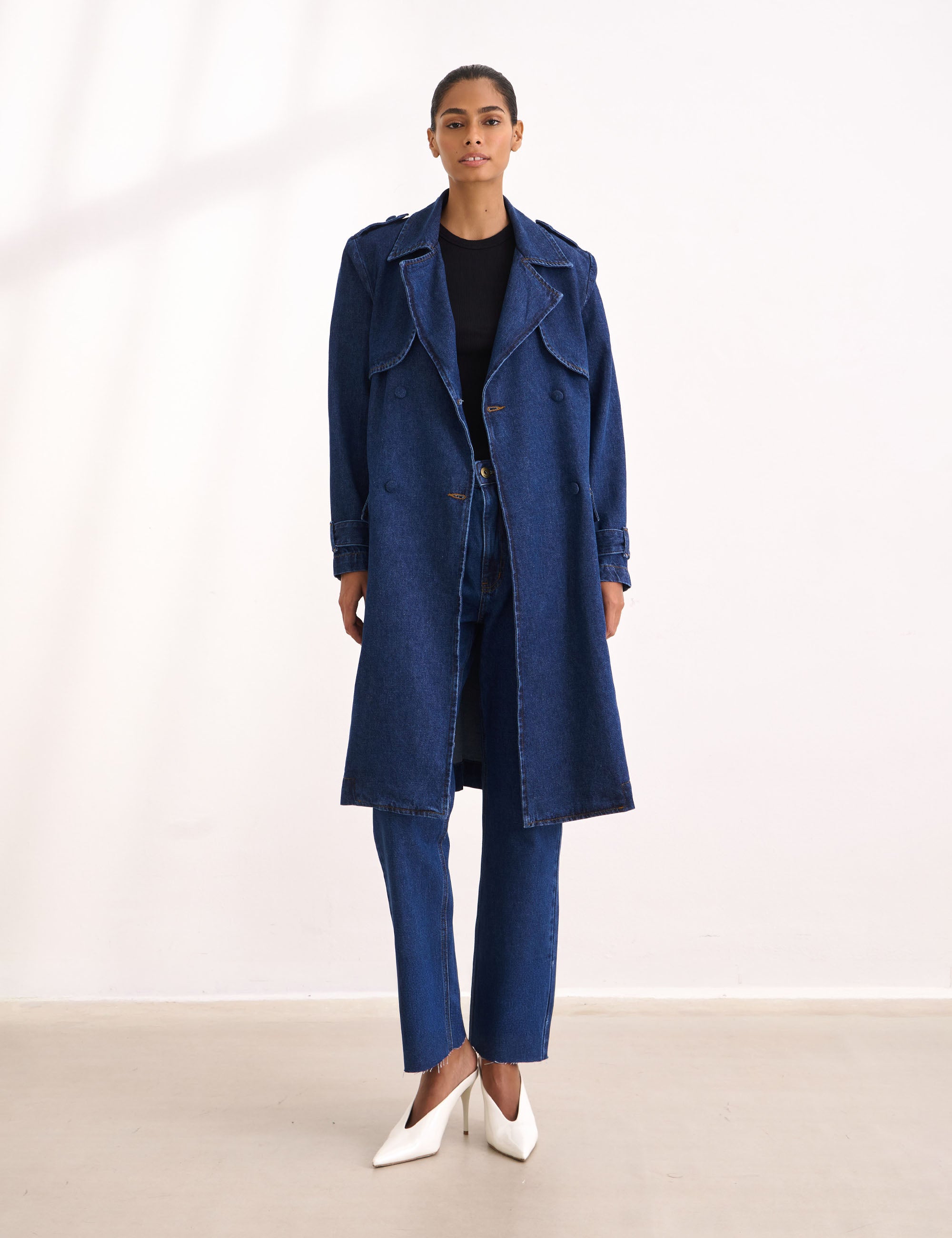 Trench Coat Midi Denim Médio