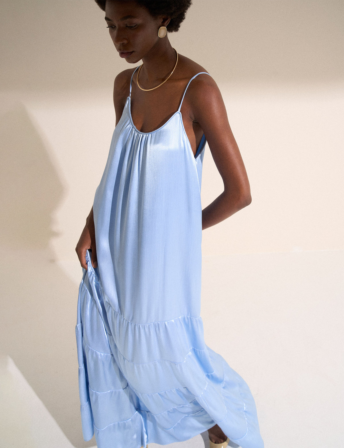 Vestido Fluido Cetim Crinkle Azul
