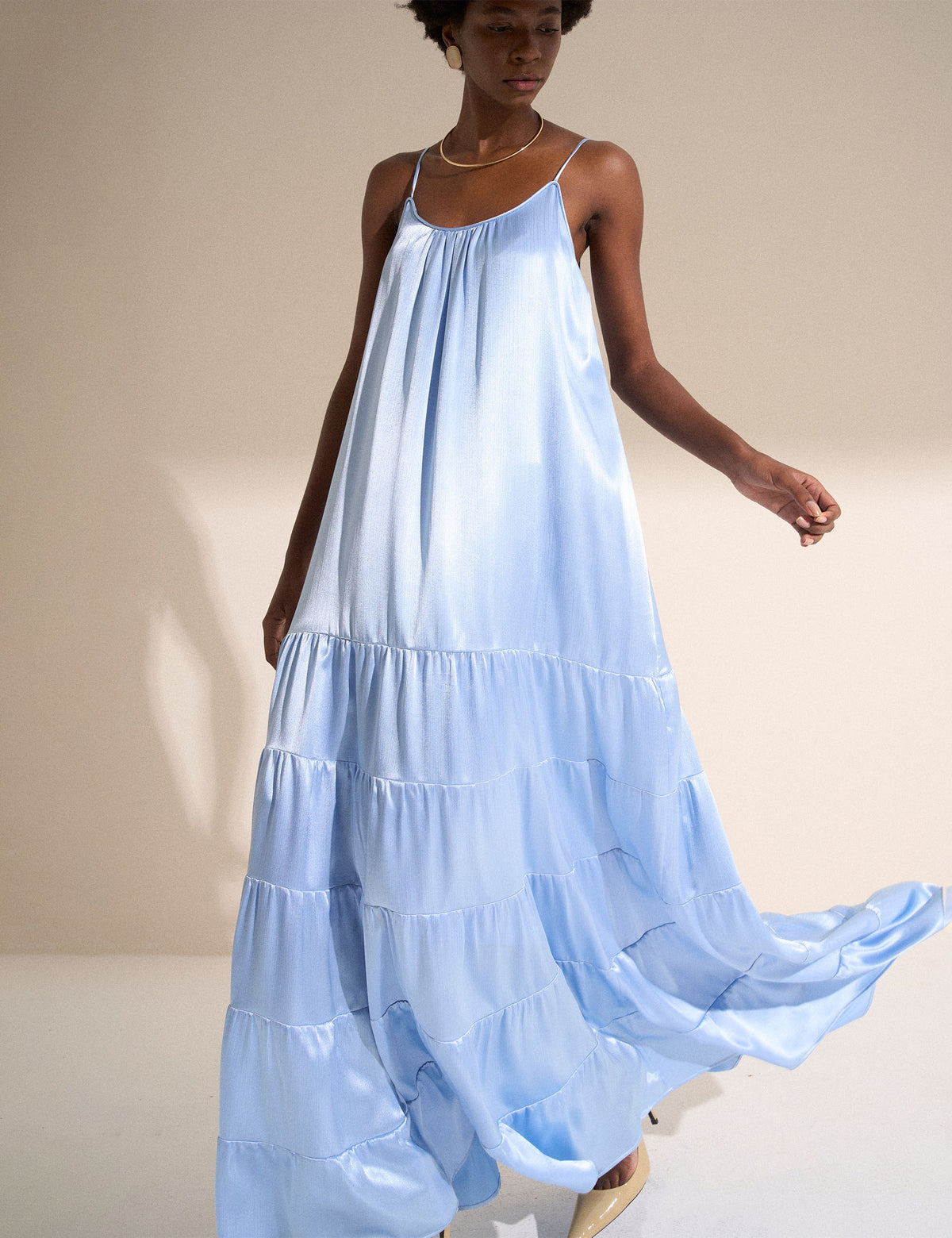 Vestido Fluido Cetim Crinkle Azul