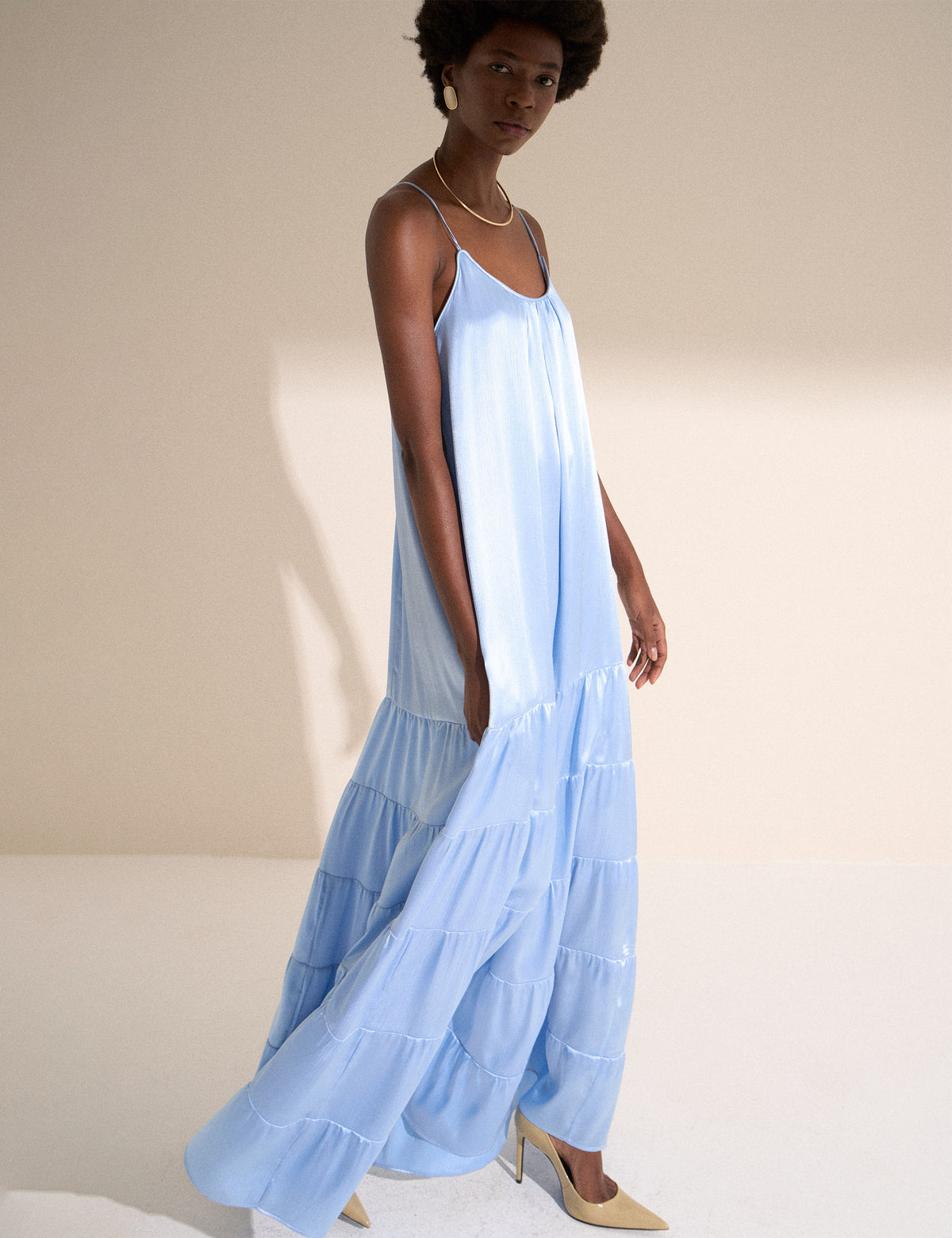 Vestido Fluido Cetim Crinkle Azul