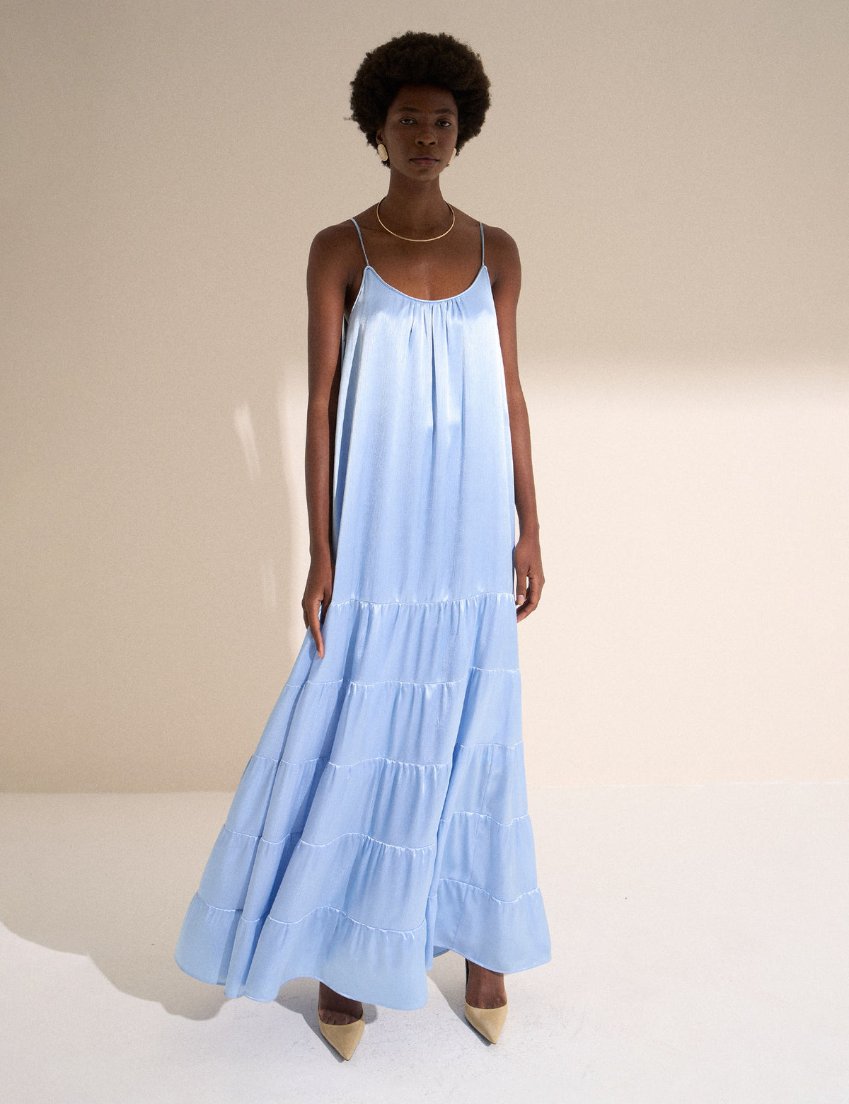 Vestido Fluido Cetim Crinkle Azul