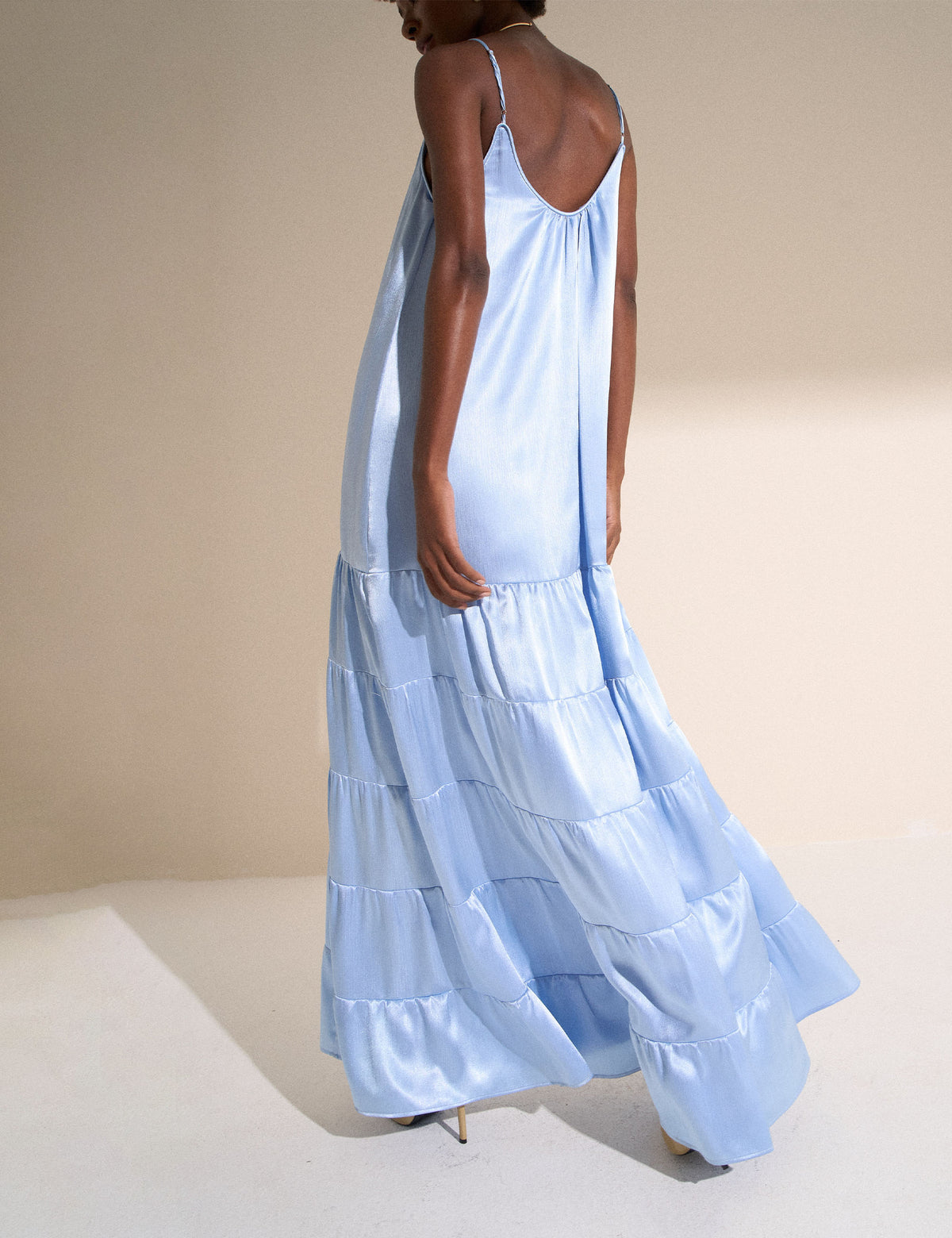 Vestido Fluido Cetim Crinkle Azul