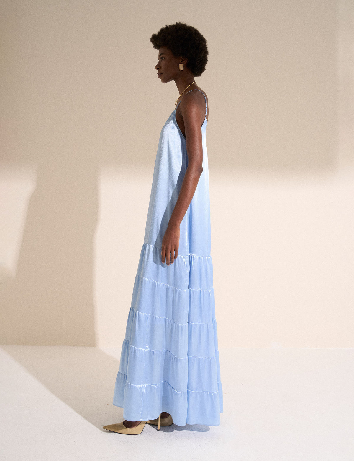 Vestido Fluido Cetim Crinkle Azul