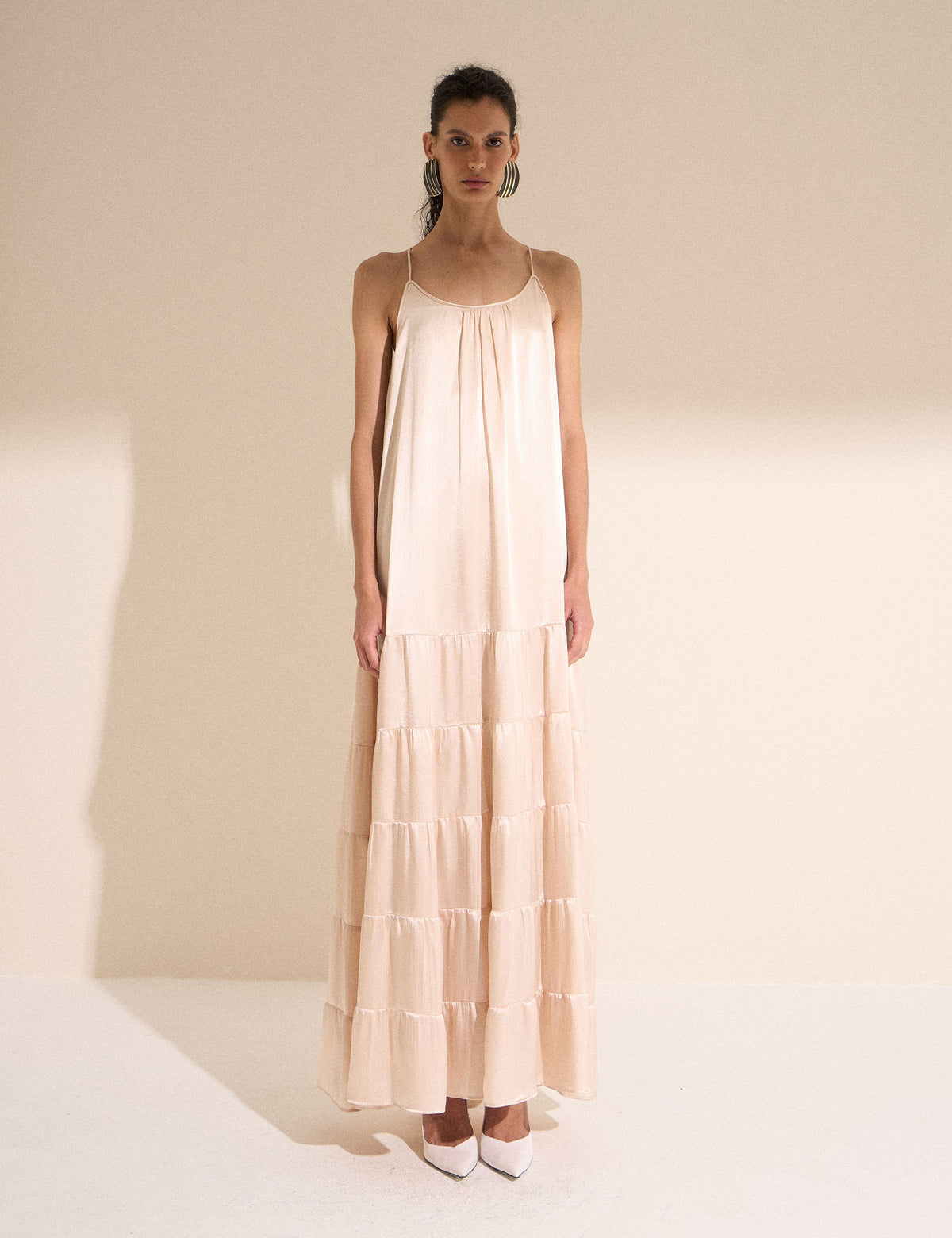 Vestido Fluido Cetim Crinkle Pérola