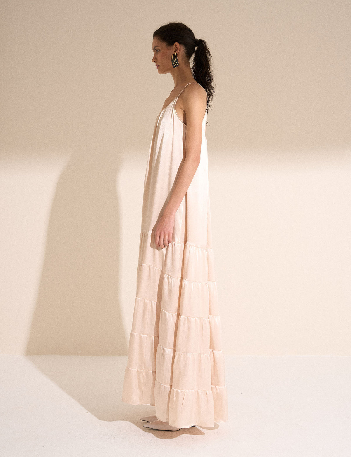 Vestido Fluido Cetim Crinkle Pérola