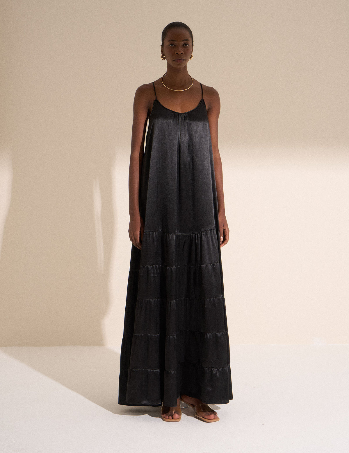 Vestido Fluido Cetim Crinkle Preto