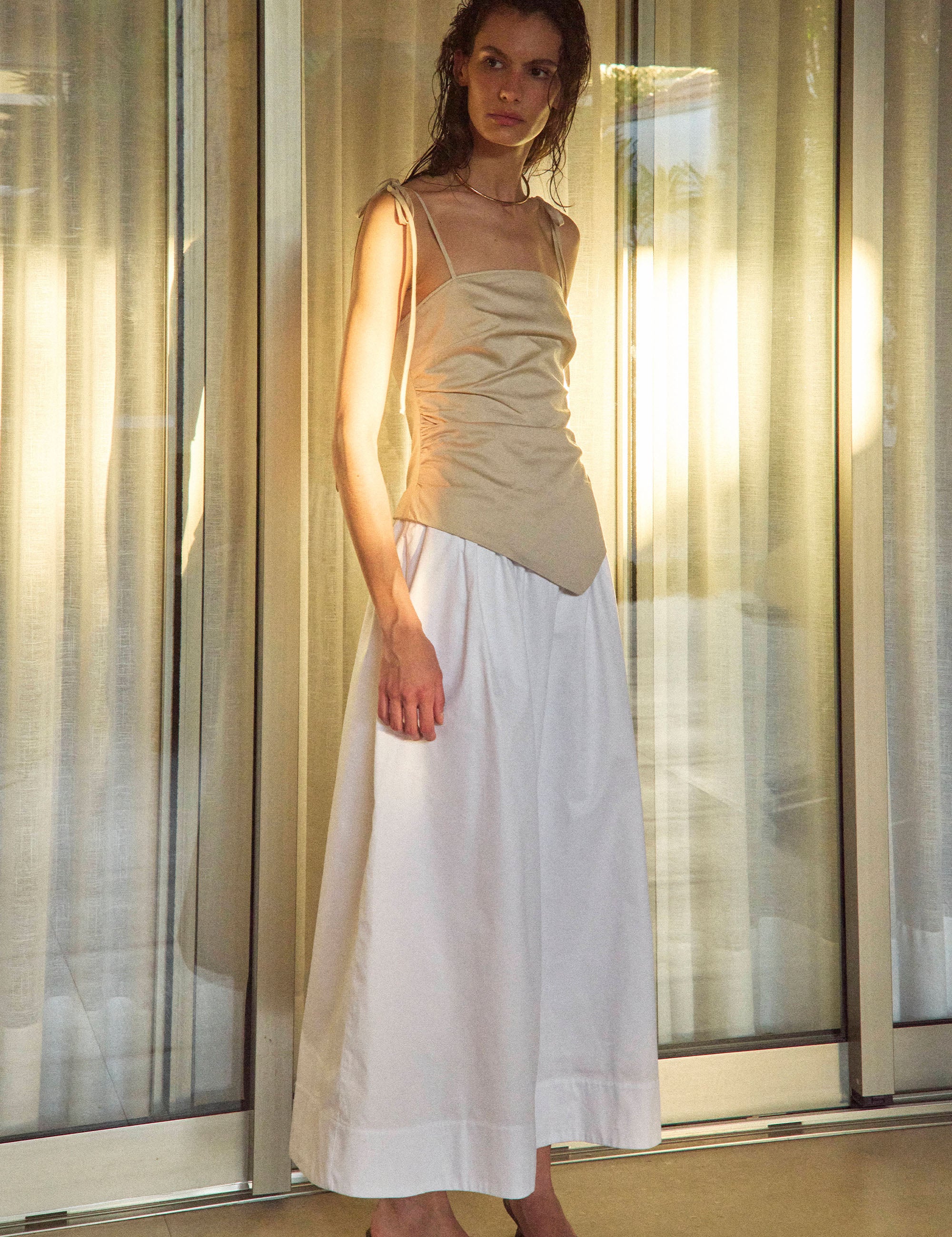 Vestido Marie Tricoline Bege/Off White