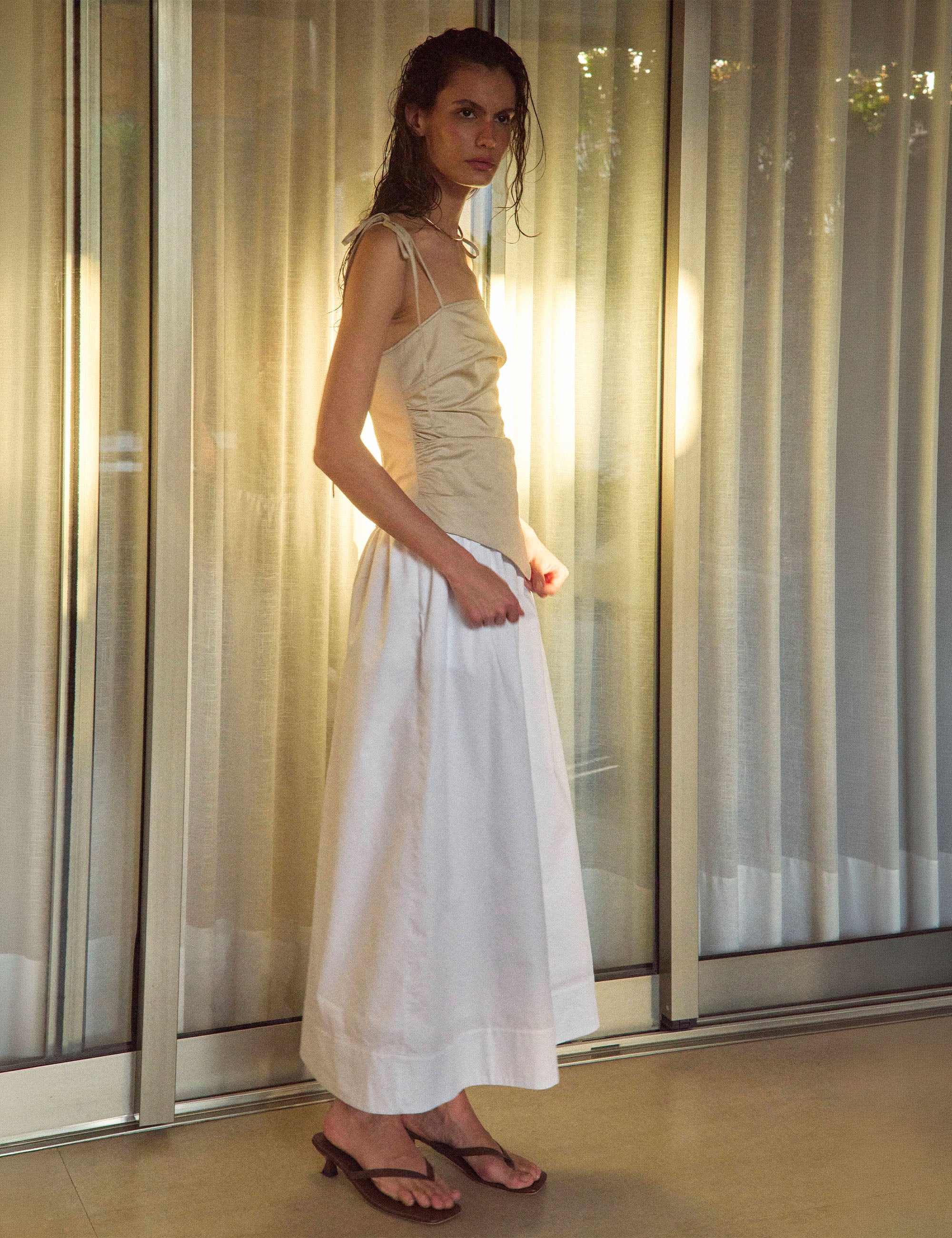 Vestido Marie Tricoline Bege/Off White