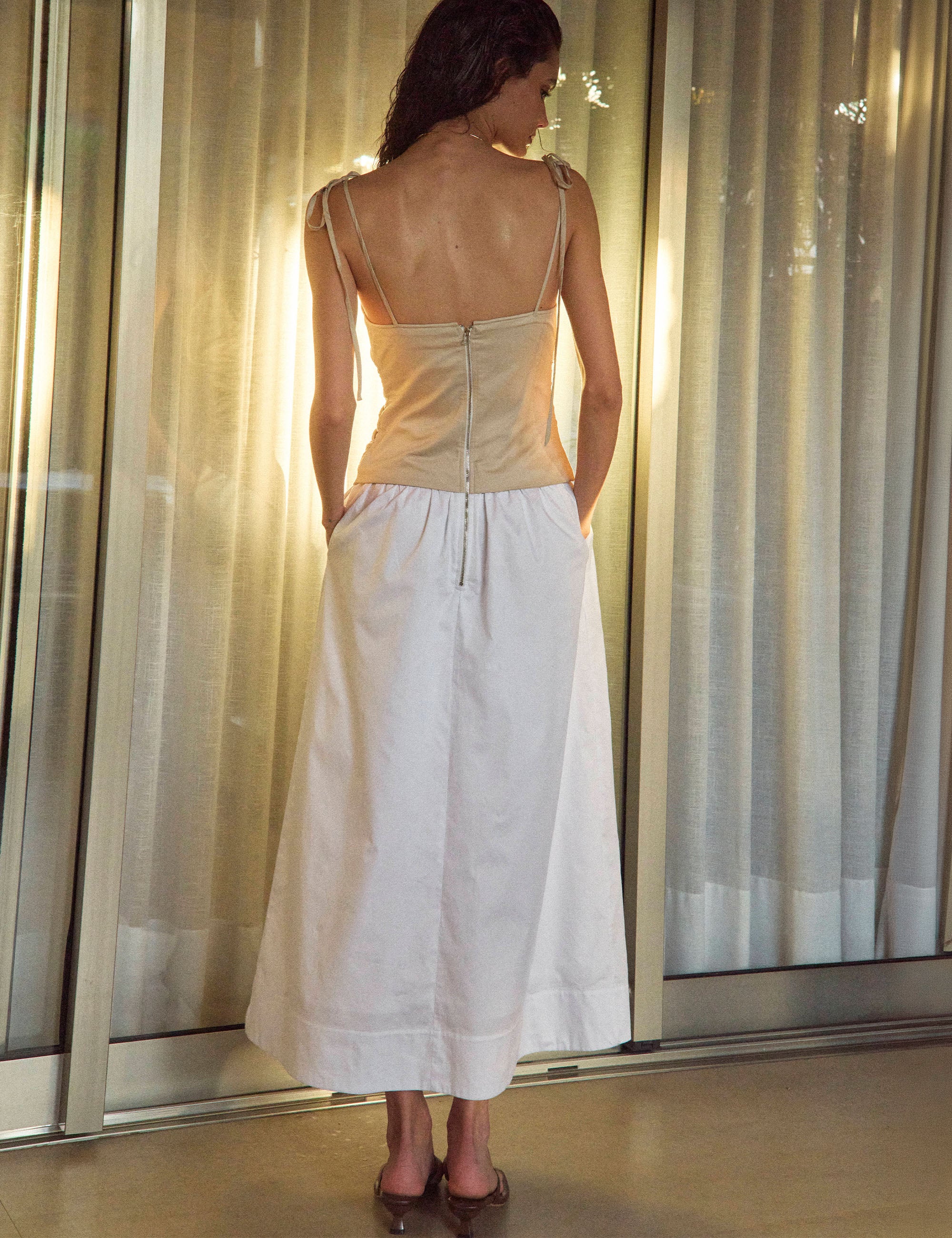Vestido Marie Tricoline Bege/Off White