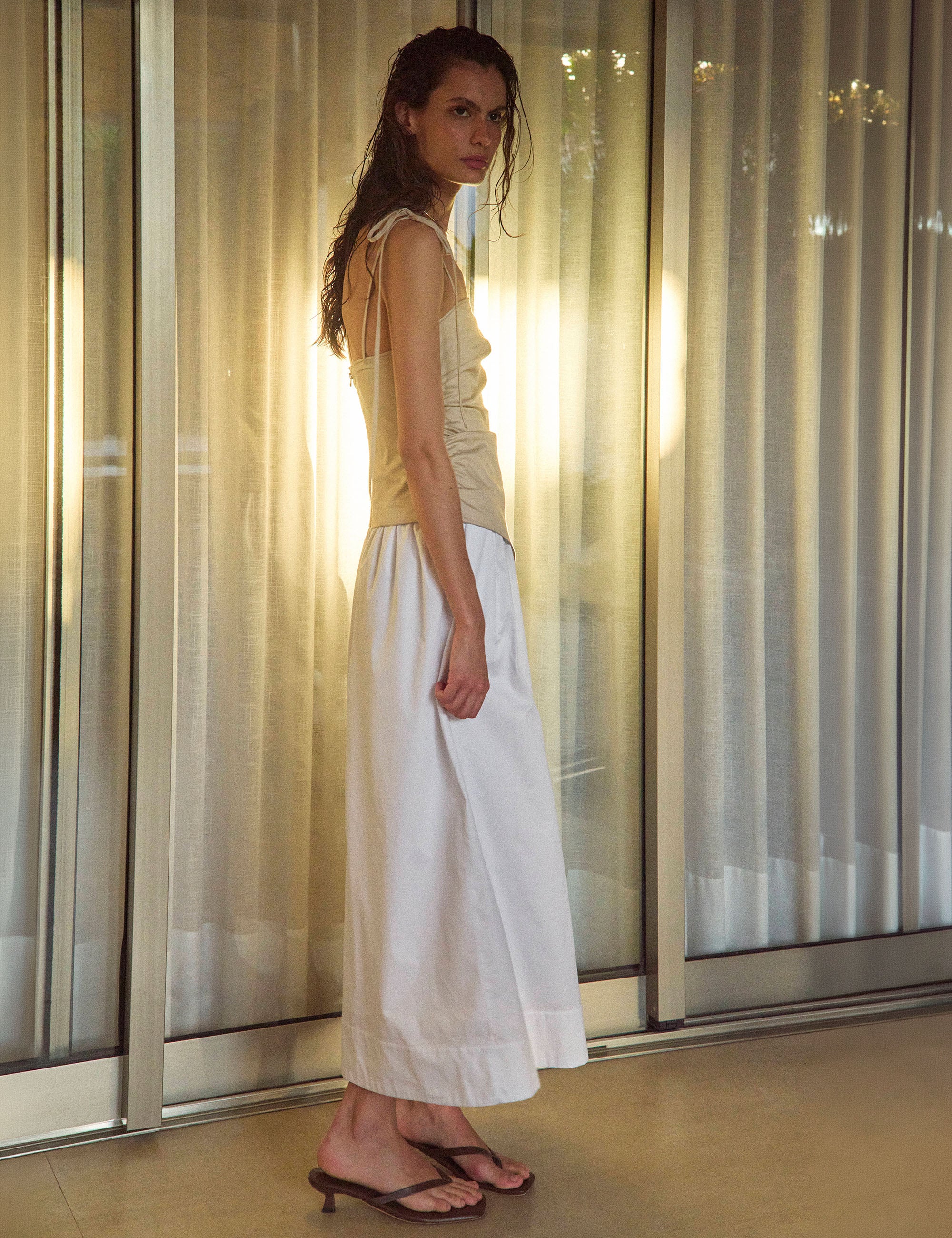 Vestido Marie Tricoline Bege/Off White