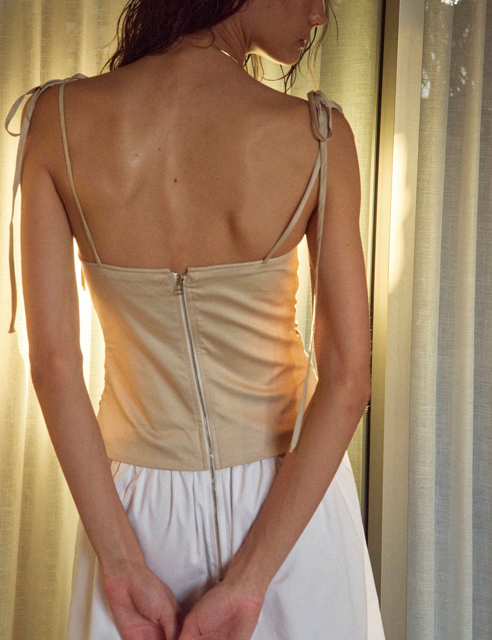 Vestido Marie Tricoline Bege/Off White