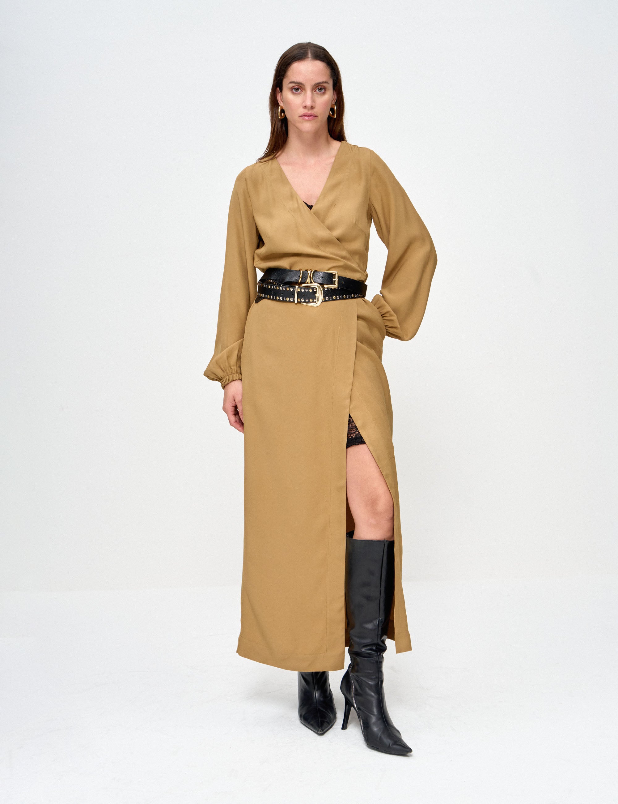 Vestido Vera Transpassado Caqui